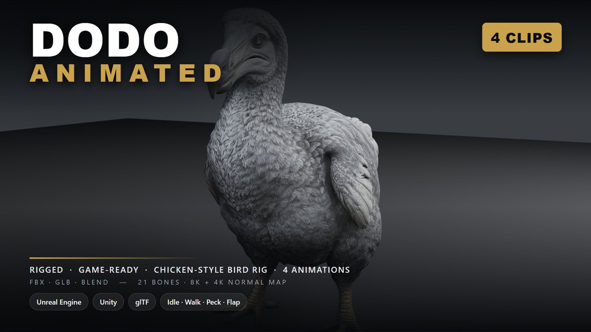 Dodo: uccello estinto rigged e animato per Blender
